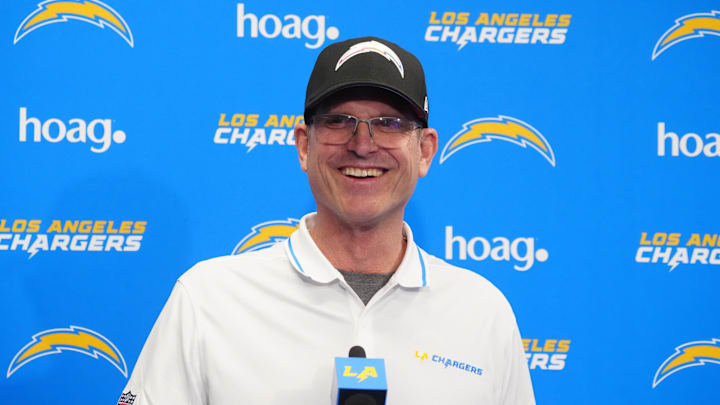 Apr 2, 2024; Costa Mesa, CA, USA; Los Angeles Chargers coach Jim Harbaugh speaks at press conference at Hoag Performance Center. Mandatory Credit: Kirby Lee-USA TODAY Sports