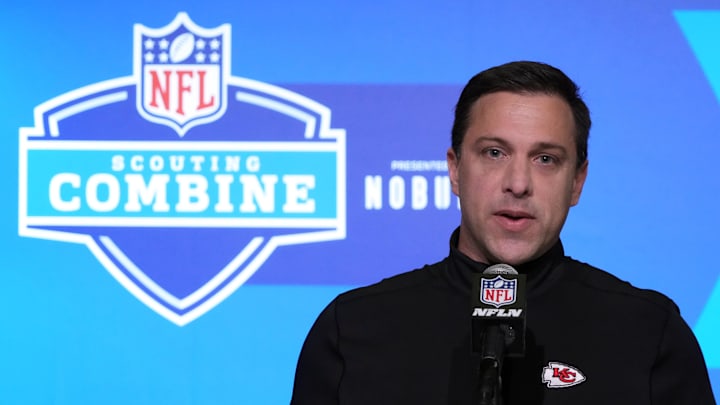 Feb 28, 2023; Indianapolis, IN, USA; Kansas City Chiefs general manager Brett Veach during the NFL combine at the Indiana Convention Center. Mandatory Credit: Kirby Lee-USA TODAY Sports
