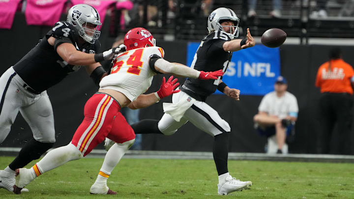 Oct 27, 2024; Paradise, Nevada, USA; Las Vegas Raiders quarterback Gardner Minshew (15) throws the ball against Kansas City Chiefs linebacker Leo Chenal (54) in the first half at Allegiant Stadium. Mandatory Credit: Kirby Lee-Imagn Images Oct 27, 2024; Paradise, Nevada, USA; Las Vegas Raiders quarterback Gardner Minshew (15) throws the ball against Kansas City Chiefs linebacker Leo Chenal (54) in the first half at Allegiant Stadium. Mandatory Credit: Kirby Lee-Imagn Images