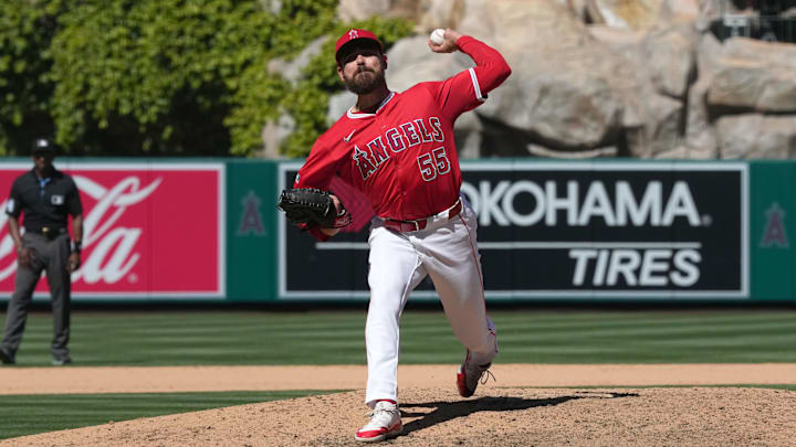Anaheim, California, USA; Los Angeles Angels pitcher Matt Moore (55) throws in the eighth inning against the Tampa Bay Rays at Angel Stadium.