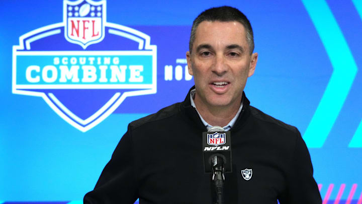 Feb 27, 2024; Indianapolis, IN, USA; Las Vegas Raiders general manager Tom Telesco during the NFL Scouting Combine at Indiana Convention Center. Mandatory Credit: Kirby Lee-Imagn Images