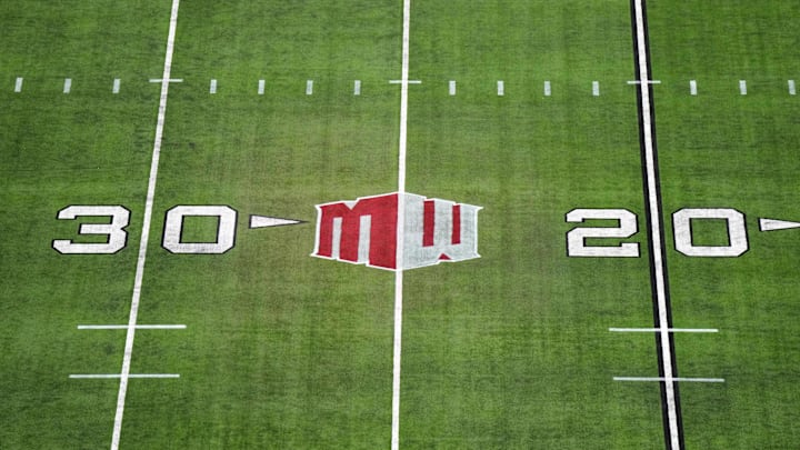 Dec 2, 2023; Las Vegas, NV, USA; The Mountain West conference logo on the field at Allegiant Stadium. Mandatory Credit: Kirby Lee-Imagn Images