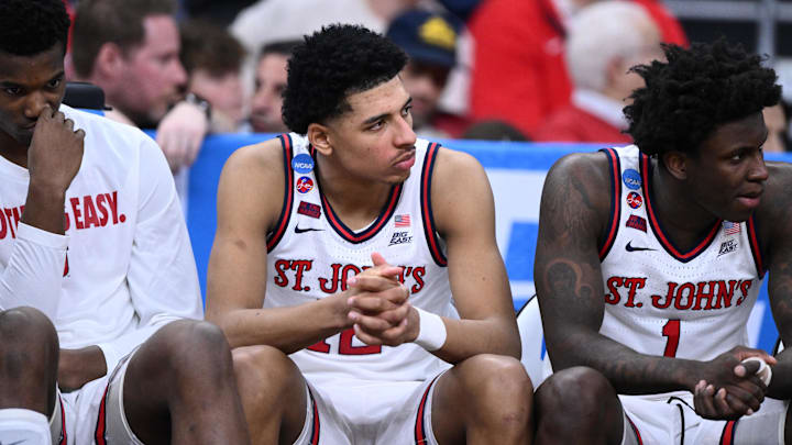 Mar 22, 2025; Providence, RI, USA; St. John's Red Storm guard RJ Luis Jr. (12), guard Kadary Richmond (1) and teammates on the bench during the second half of a second round men’s NCAA Tournament game against the Arkansas Razorbacks at Amica Mutual Pavilion. Mandatory Credit: Brian Fluharty-Imagn Images Mar 22, 2025; Providence, RI, USA; St. John's Red Storm guard RJ Luis Jr. (12), guard Kadary Richmond (1) and teammates on the bench during the second half of a second round men’s NCAA Tournament game against the Arkansas Razorbacks at Amica Mutual Pavilion. Mandatory Credit: Brian Fluharty-Imagn Images
