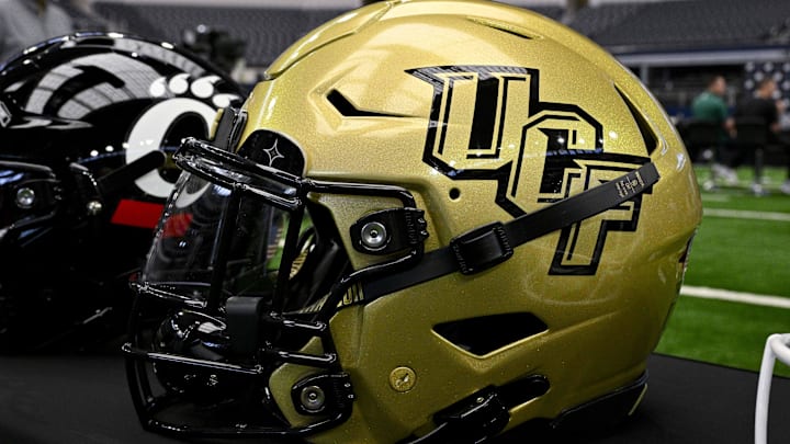 Jul 12, 2023; Arlington, TX, USA; A view of the UCF Knights helmet and logo during Big 12 football media day at AT&T Stadium. Mandatory Credit: Jerome Miron-USA TODAY Sports