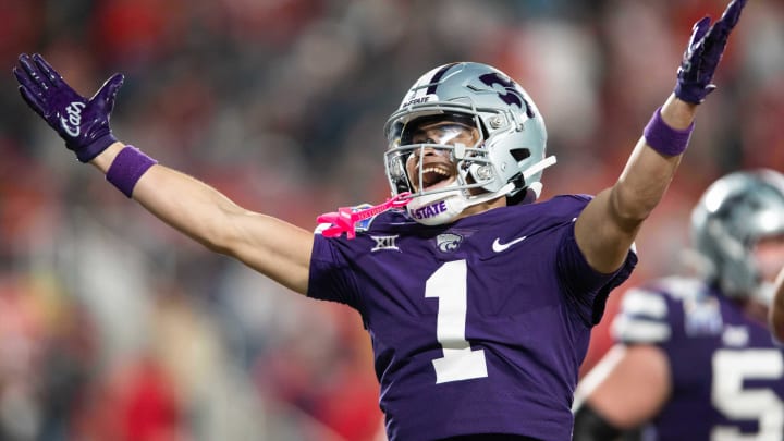 Dec 28, 2023; Orlando, FL, USA; Kansas State wide receiver Jayce Brown (1) celebrates a touchdown against NC State in the fourth quarter at Camping World Stadium. Mandatory Credit: Jeremy Reper-USA TODAY Sports Dec 28, 2023; Orlando, FL, USA; Kansas State wide receiver Jayce Brown (1) celebrates a touchdown against NC State in the fourth quarter at Camping World Stadium. Mandatory Credit: Jeremy Reper-USA TODAY Sports