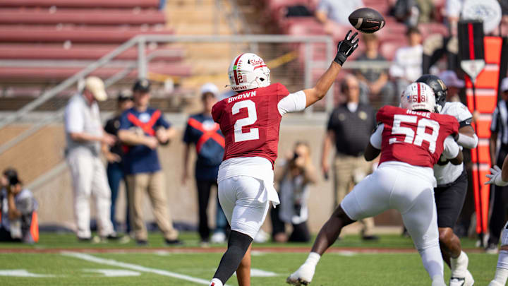 Oct 26, 2024; Stanford, California, USA; Stanford Cardinal quarterback Elijah Brown (2) passes the football against the Wake Forest Demon Deacons during the first quarter at Stanford Stadium. Mandatory Credit: Neville E. Guard-Imagn Images Oct 26, 2024; Stanford, California, USA; Stanford Cardinal quarterback Elijah Brown (2) passes the football against the Wake Forest Demon Deacons during the first quarter at Stanford Stadium. Mandatory Credit: Neville E. Guard-Imagn Images
