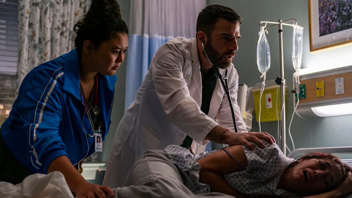 BRILLIANT MINDS -- "The First Responder" Episode 110 -- Pictured: (l-r) Aury Krebs as Dr. Dana Dang, Zachary Quinto as Dr. Oliver Wolf, Mishel Prada as Katie Rodriguez 