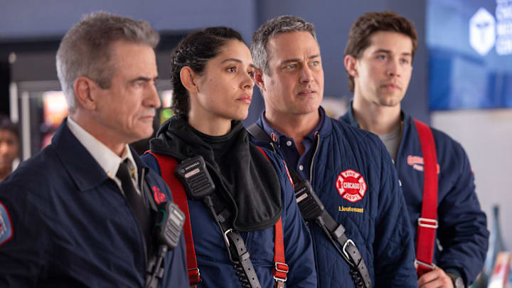 CHICAGO MED -- "Reckoning, Part 2" Episode 1117 -- Pictured: (l-r) Dermot Mulroney as Dom Pascal, Miranda Rae Mayo as Stella Kidd, Taylor Kinney as Kelly Severide, Brandon Larracuente as Sal Vasquez CHICAGO MED -- "Reckoning, Part 2" Episode 1117 -- Pictured: (l-r) Dermot Mulroney as Dom Pascal, Miranda Rae Mayo as Stella Kidd, Taylor Kinney as Kelly Severide, Brandon Larracuente as Sal Vasquez