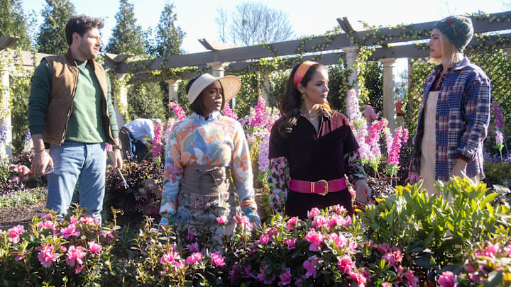 GROSSE POINTE GARDEN SOCIETY -- "Plant Parenthood" Episode 106 -- Pictured: (l-r) Ben Rappaport as Brett, Aja Naomi King as Catherine, Melissa Fumero as Birdie, AnnaSophia Robb as Alice -- (Photo by: Tina Rowden/NBC)