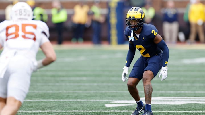 ANN ARBOR, MI - SEPTEMBER 07: Michigan Wolverines defensive back Will Johnson (2) lines up on defense during a college football game against the Texas Longhorns on September 07, 2024 at Michigan Stadium in Ann Arbor, Michigan. ANN ARBOR, MI - SEPTEMBER 07: Michigan Wolverines defensive back Will Johnson (2) lines up on defense during a college football game against the Texas Longhorns on September 07, 2024 at Michigan Stadium in Ann Arbor, Michigan.
