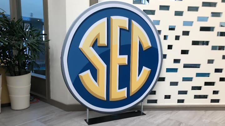 The SEC logo in the hallway at the Hilton Sandestin in Destin, Fla. on Tuesday May 31, 2022 at the