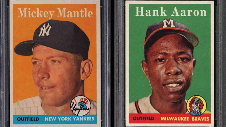 Mickey Mantle and Hank Aaron met in the 1958 World Series, two of the biggest stars in the game at the time. Their “World Series Batting Foes” card captures that moment perfectly.