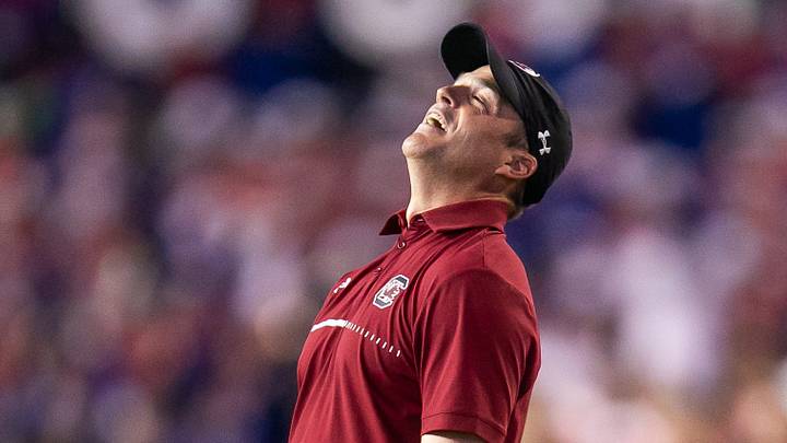South Carolina Gamecocks head coach Shane Beamer reacts to a call in the second half. Florida hosted the South Carolina Gamecocks in the last home game of the season at Ben Hill Griffin Stadium in Gainesville, Florida, on Saturday, November 12, 2022. The Gators won 38-6.  [Doug Engle/Gainesville Sun]

Ncaa Football Florida Gators Vs South Carolina Gamecocks