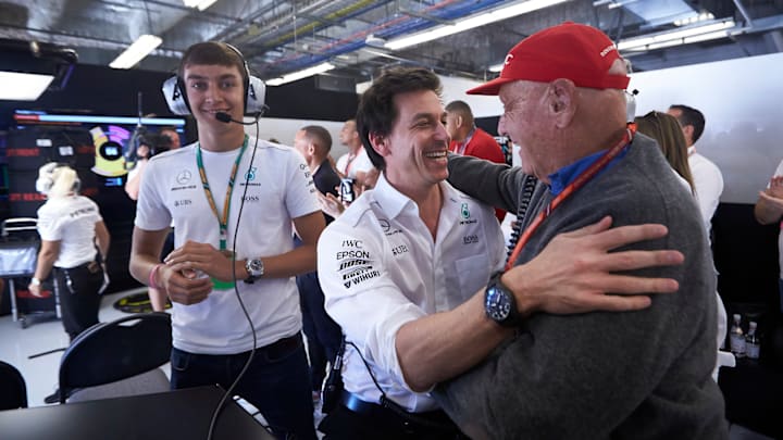 Toto Wolff and Niki Lauda celebrate the team's fourth consecutive Constructors' Championship at the end of the 2017 US Grand Prix.