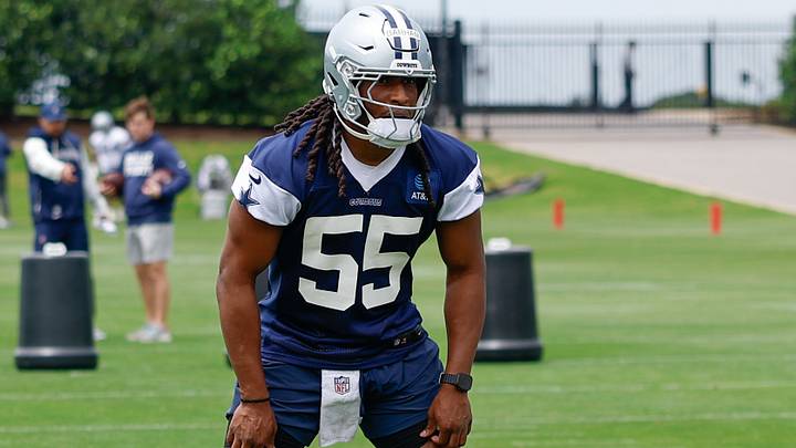 Dallas Cowboys linebacker Jaishawn Barham goes through a drill during practice at the Ford Center. Dallas Cowboys linebacker Jaishawn Barham goes through a drill during practice at the Ford Center.