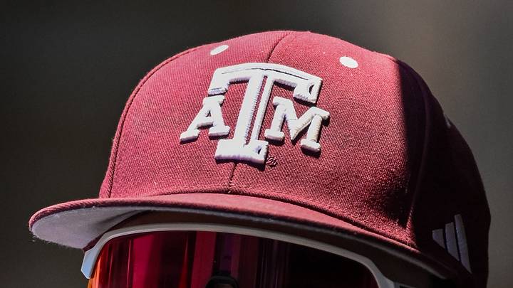 Jun 8, 2024; College Station, TX, USA; A detailed view of a Texas A&M baseball cap worn during the game against the Oregon at Olsen Field, Blue Bell Park. Jun 8, 2024; College Station, TX, USA; A detailed view of a Texas A&M baseball cap worn during the game against the Oregon at Olsen Field, Blue Bell Park.
