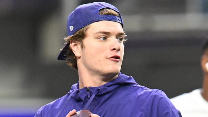 Jan 4, 2026; Minneapolis, Minnesota, USA; Minnesota Vikings quarterback J.J. McCarthy (9) warms up prior to the game against the Green Bay Packers at U.S. Bank Stadium. Mandatory Credit: Jeffrey Becker-Imagn Images