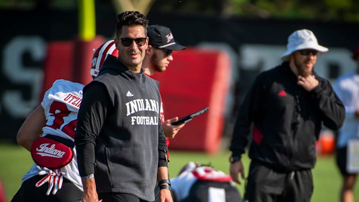 Indiana University Quarterbacks Coach Tino Sunseri during fall practice at the Mellencamp Pavilion at Indiana University on Tuesday, Aug. 6, 2024.
