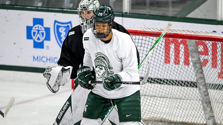 Michigan State’s Cayden Lindstrom participates in a drill during hockey practice on Wednesday, Oct. 7, 2026, at Munn Ice Arena in East Lansing. Michigan State’s Cayden Lindstrom participates in a drill during hockey practice on Wednesday, Oct. 7, 2026, at Munn Ice Arena in East Lansing.