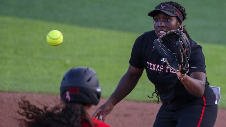 Texas Tech's NiJaree Canady fields a throw at first base during an intrasquad softball scrimmage, Tuesday, September 9, 2025, at Rocky Johnson Field. Texas Tech's NiJaree Canady fields a throw at first base during an intrasquad softball scrimmage, Tuesday, September 9, 2025, at Rocky Johnson Field.