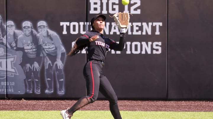 Texas Tech's Desirae Spearman catches a fly ball against Iowa State during a Big 12 Conference softball game, Saturday, March 28, 2026, at Tracy Sellers Field.