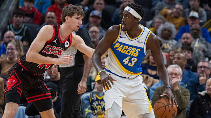 Nov 29, 2025; Indianapolis, Indiana, USA; Indiana Pacers forward Pascal Siakam (43) dribbles the ball against Chicago Bulls forward Matas Buzelis (14) during the first half at Gainbridge Fieldhouse. Mandatory Credit: Trevor Ruszkowski-Imagn Images