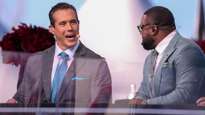Panelists Brady Quinn (left) and Mark Ingram speak during FOX's Big Noon Kickoff football pregame show at Texas Tech University, Saturday, November 9, 2024 at Jones AT&T Stadium. Panelists Brady Quinn (left) and Mark Ingram speak during FOX's Big Noon Kickoff football pregame show at Texas Tech University, Saturday, November 9, 2024 at Jones AT&T Stadium.