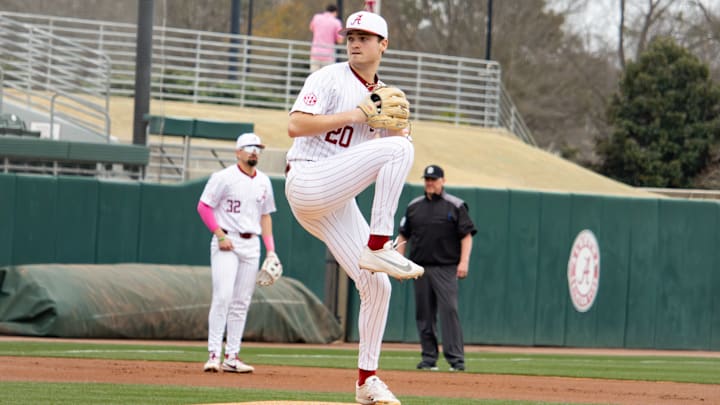 Alabama pitcher Zane Adams prepares to pitch in the second game of the series against Rhode Island on Feb. 21, 2026. Alabama pitcher Zane Adams prepares to pitch in the second game of the series against Rhode Island on Feb. 21, 2026.