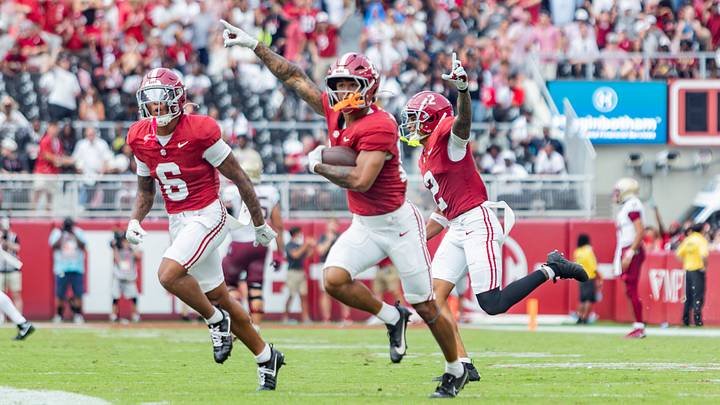 Alabama Defensive Backs Ivan Taylor and Red Morgan and Corner Back Zabien Brown celebrate the interception in the first half of the game against FSU on Sept 19, 2026.