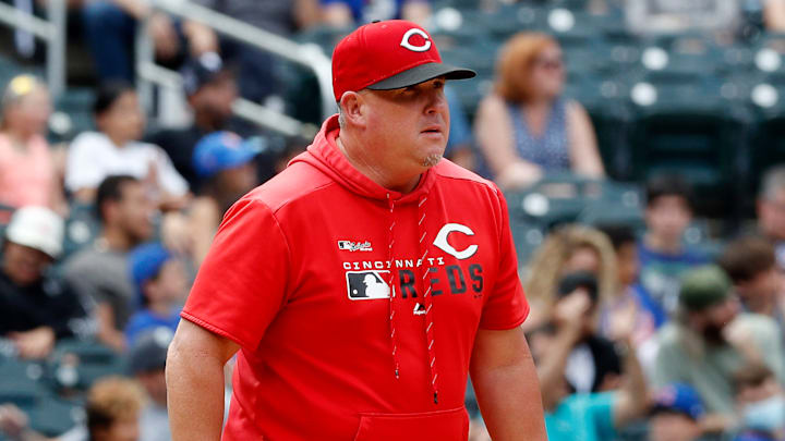 Cincinnati Reds pitching coach Derek Johnson walks to the mound.