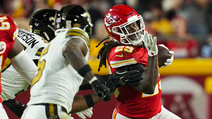 Oct 7, 2024; Kansas City, Missouri, USA; Kansas City Chiefs running back Kareem Hunt (29) runs the ball during the first half against the New Orleans Saints at GEHA Field at Arrowhead Stadium. Mandatory Credit: Jay Biggerstaff-Imagn Images