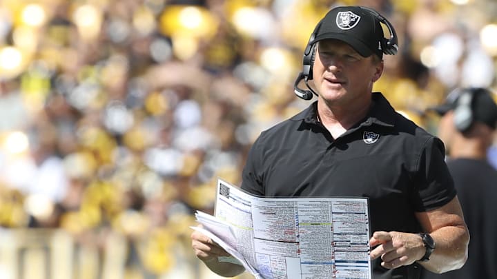 Sep 19, 2021; Pittsburgh, Pennsylvania, USA;  Las Vegas Raiders head coach Jon Gruden looks on from the sidelines against the Pittsburgh Steelers during the second quarter at Heinz Field. Las Vegas won 26-17.  Mandatory Credit: Charles LeClaire-Imagn Images