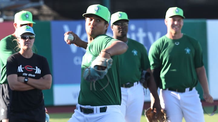 Daytona Tortugas pitcher Nick Payero (center) throws during a bullpen session on April 24 at Jackie Robinson Ballpark.