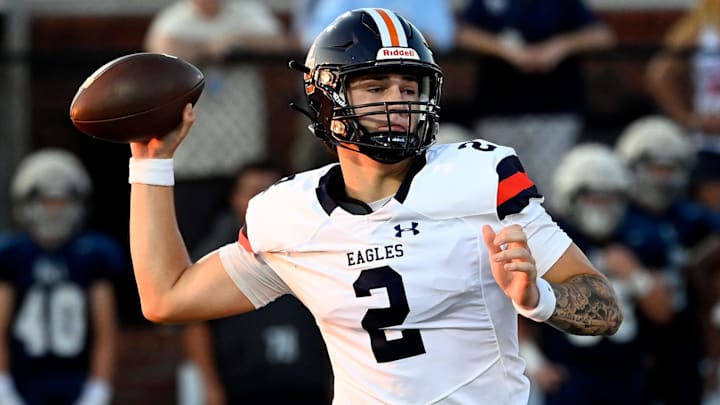 Nashville Christian quarterback Jared Curtis (2) throws a pass during a high school football scrimmage.