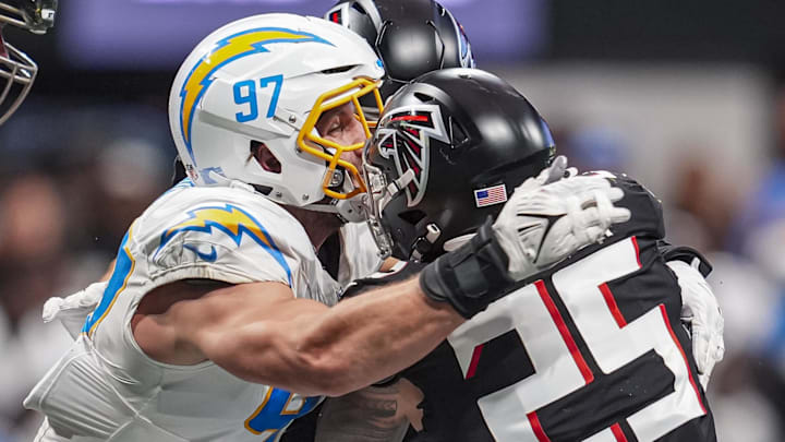 Dec 1, 2024; Atlanta, Georgia, USA; Los Angeles Chargers linebacker Joey Bosa (97). Dec 1, 2024; Atlanta, Georgia, USA; Los Angeles Chargers linebacker Joey Bosa (97).