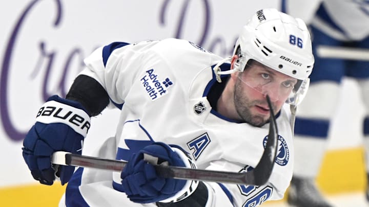 Mar 7, 2026; Toronto, Ontario, CAN;   Tampa Bay Lightning forward Nikita Kucherov (86) warms up before playing the Toronto Maple Leafs at Scotiabank Arena. Mandatory Credit: Dan Hamilton-Imagn Images