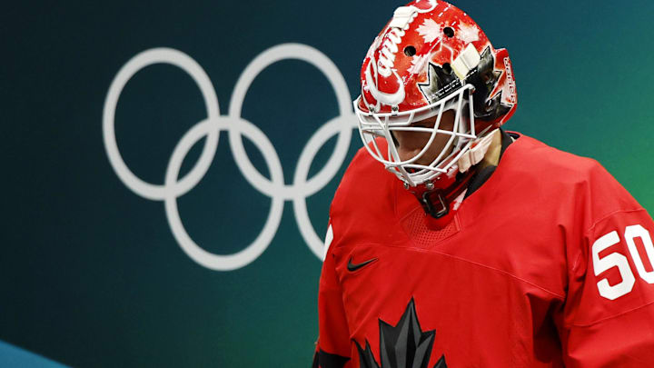 Feb 18, 2026; Milan, Italy; Jordan Binnington of Canada walks onto the ice before a men's ice hockey quarterfinal during the Milano Cortina 2026 Olympic Winter Games at Milano Santagiulia Ice Hockey Arena. Mandatory Credit: Geoff Burke-Imagn Images Feb 18, 2026; Milan, Italy; Jordan Binnington of Canada walks onto the ice before a men's ice hockey quarterfinal during the Milano Cortina 2026 Olympic Winter Games at Milano Santagiulia Ice Hockey Arena. Mandatory Credit: Geoff Burke-Imagn Images