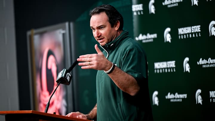 Michigan State coach Jonathan Smith talks the media on the first national signing day for college football recruits Wednesday, Dec. 4, 2024, at Spartan Stadium in East Lansing.