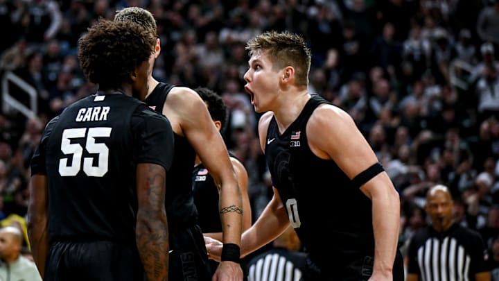 Michigan State's Jaxon Kohler, right, celebrates after Coen Carr's dunk against USC during the second half on Monday, Jan. 5, 2026, at the Breslin Center in East Lansing. Michigan State's Jaxon Kohler, right, celebrates after Coen Carr's dunk against USC during the second half on Monday, Jan. 5, 2026, at the Breslin Center in East Lansing.