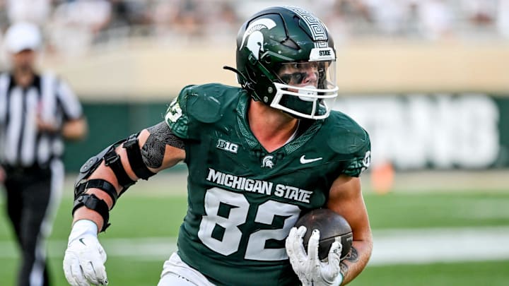 Michigan State's Brennan Parachek runs after a catch against Prairie View A&M during the fourth quarter on Saturday, Sept. 14, 2024, at Spartan Stadium in East Lansing. Michigan State's Brennan Parachek runs after a catch against Prairie View A&M during the fourth quarter on Saturday, Sept. 14, 2024, at Spartan Stadium in East Lansing.