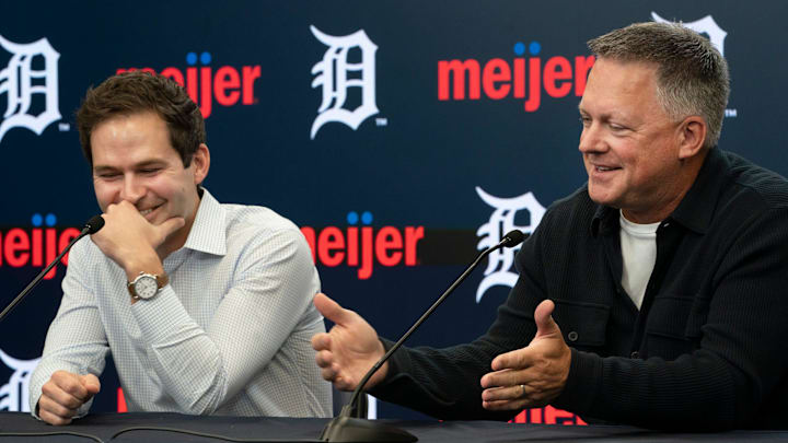 Detroit Tigers team president Scott Harris, left, and team manager A.J. Hinch speak to the press in an end of season press conference at Comerica Park on Monday, Oct. 13, 2025. Detroit Tigers team president Scott Harris, left, and team manager A.J. Hinch speak to the press in an end of season press conference at Comerica Park on Monday, Oct. 13, 2025.