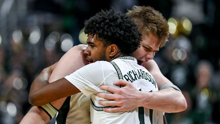 Michigan State's Jase Richardson, left, hugs Jaxon Kohler after the Spartans win over Wisconsin on Sunday, March 2, 2025, at the Breslin Center in East Lansing.