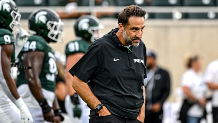 Michigan State defensive coordinator Joe Rossi looks on before the game against Florida Atlantic on Friday, Aug. 30, 2024, at Spartan Stadium in East Lansing. Michigan State defensive coordinator Joe Rossi looks on before the game against Florida Atlantic on Friday, Aug. 30, 2024, at Spartan Stadium in East Lansing.