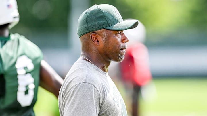 Michigan State's wide receivers coach Courtney Hawkins looks on during the first day of football camp on Tuesday, July 30, 2024, in East Lansing.