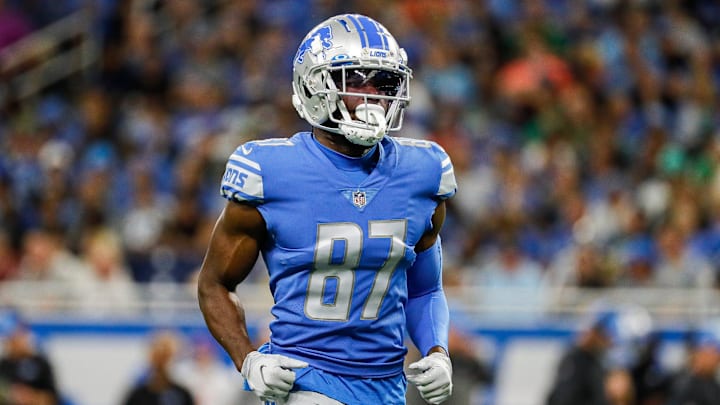 Sep 11, 2022; Detroit, Michigan, USA; Detroit Lions wide receiver Quintez Cephus (87) get in position for a kickoff against Philadelphia Eagles during the first half at Ford Field.

Nfl Philadelphia Eagles At Detroit Lions