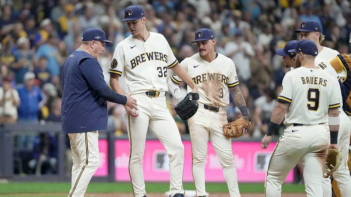 Milwaukee Brewers manager Pat Murphy takes out Milwaukee Brewers pitcher Jacob Misiorowski during the fifth inning of their National League Championship Series game against the Los Angeles Dodgers at American Family Field on Oct 11, 2026.
