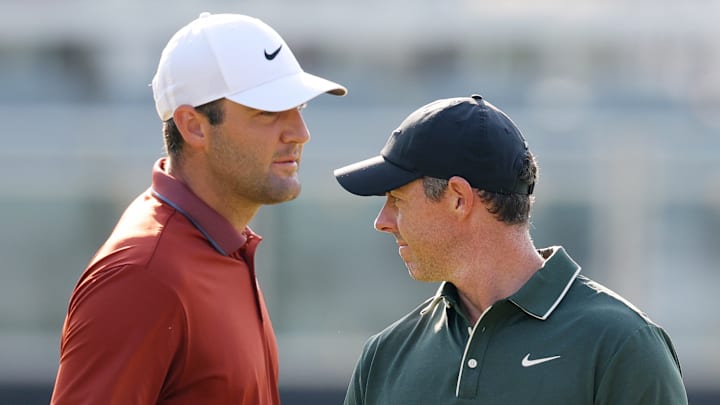 Scottie Scheffler and Rory McIlroy during the first round of the 2025 PGA Championship at Quail Hollow Club