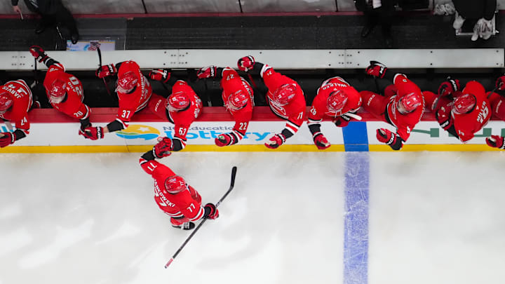 Mar 12, 2026; Raleigh, North Carolina, USA;  Carolina Hurricanes left wing Mark Jankowski (77) celebrates his goal against the St. Louis Blues during the first period at Lenovo Center. Mandatory Credit: James Guillory-Imagn Images