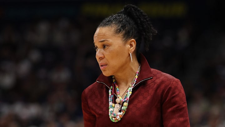 Apr 4, 2025; Tampa, FL, USA;  South Carolina Gamecocks head coach Dawn Staley reacts  during the first half in a semifinal of the women's 2025 NCAA tournament against the Texas Longhorns at Amalie Arena. Mandatory Credit: Nathan Ray Seebeck-Imagn Images