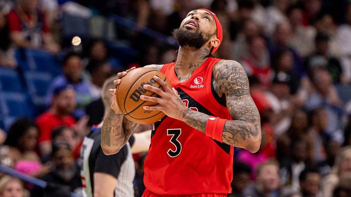 Mar 11, 2026; New Orleans, Louisiana, USA;  Toronto Raptors forward Brandon Ingram (3) reacts to a play against the New Orleans Pelicans during the second half at Smoothie King Center. Mandatory Credit: Stephen Lew-Imagn Images